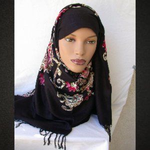 Black Embroidered Scarves Sequined Hijab 26 x 70 Shawl Shoulder Wrap